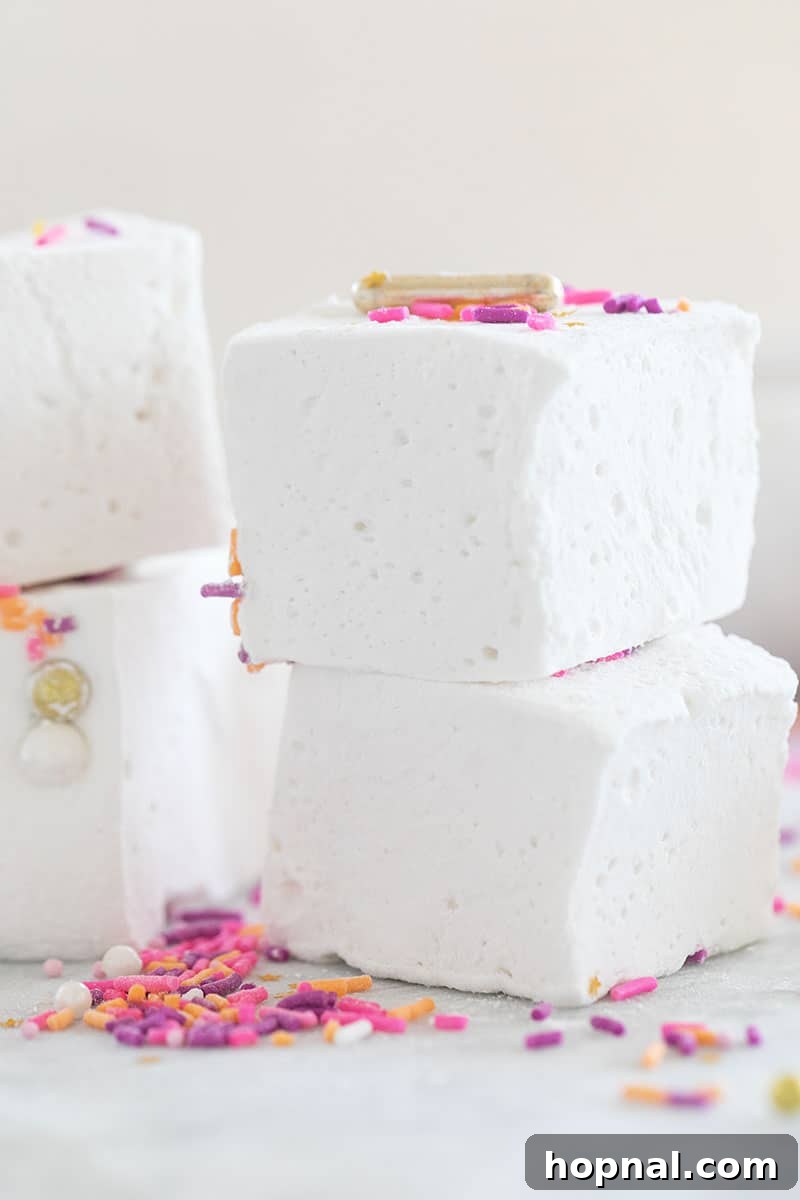 Perfectly fluffy homemade marshmallows, cut into charming squares and dusted with powdered sugar.