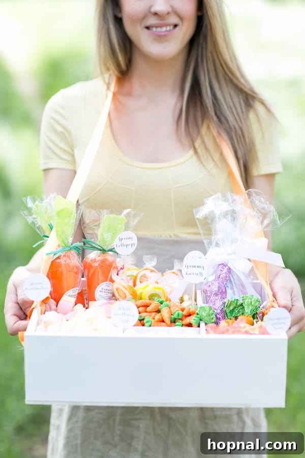 An old-fashioned Easter candy box overflowing with a variety of nostalgic sweets, presented charmingly.