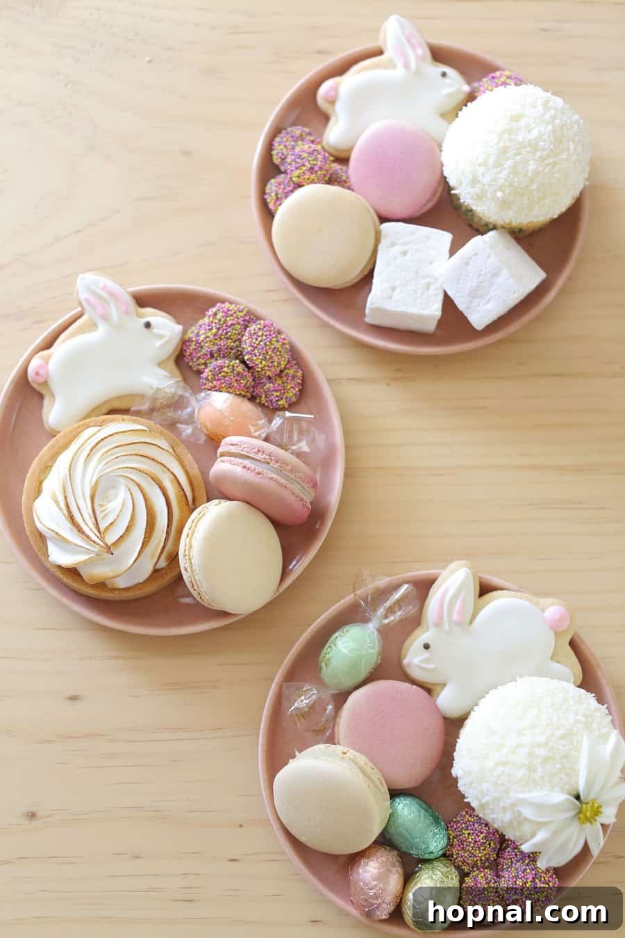 Individual Easter desserts elegantly presented on charming pink plates, ready to be enjoyed as part of a festive celebration.