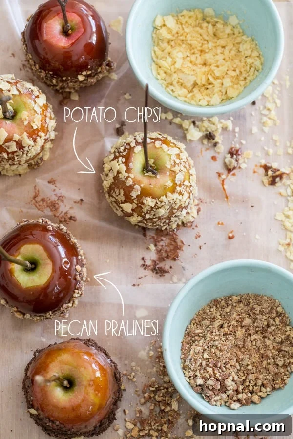 Caramel apples with potato chip toppings