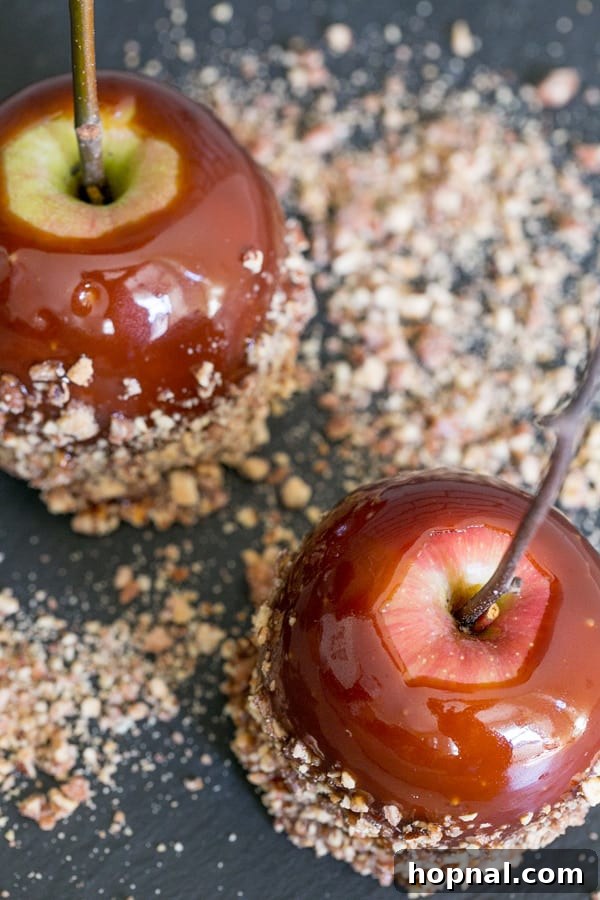 Bourbon caramel apples with candied pralines