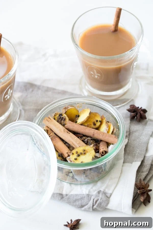 homemade chai tea on a table with chai tea mix