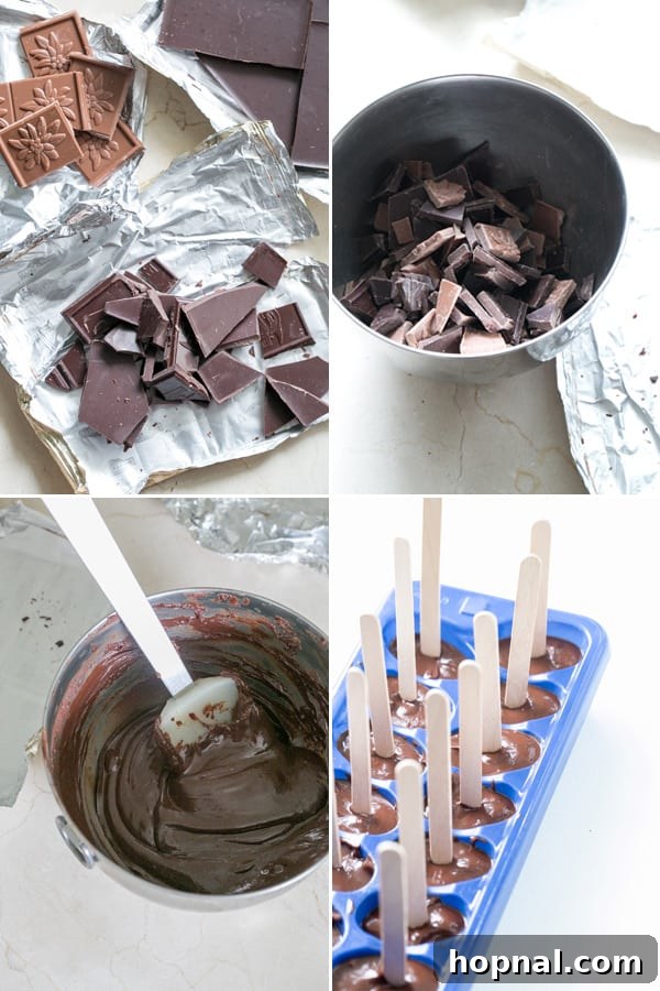 Steps to making hot chocolate on a stick, showing melted chocolate being poured into molds.