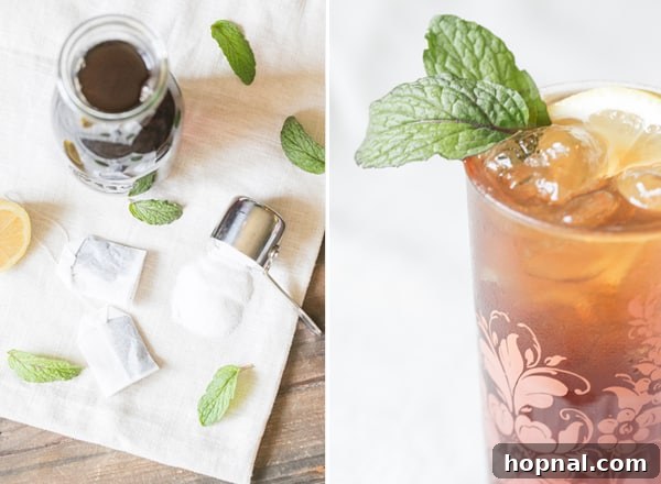 collage shot of tea bags, a pitcher of sweet tea, and a glass of sweet tea and bourbon, emphasizing the fresh ingredients