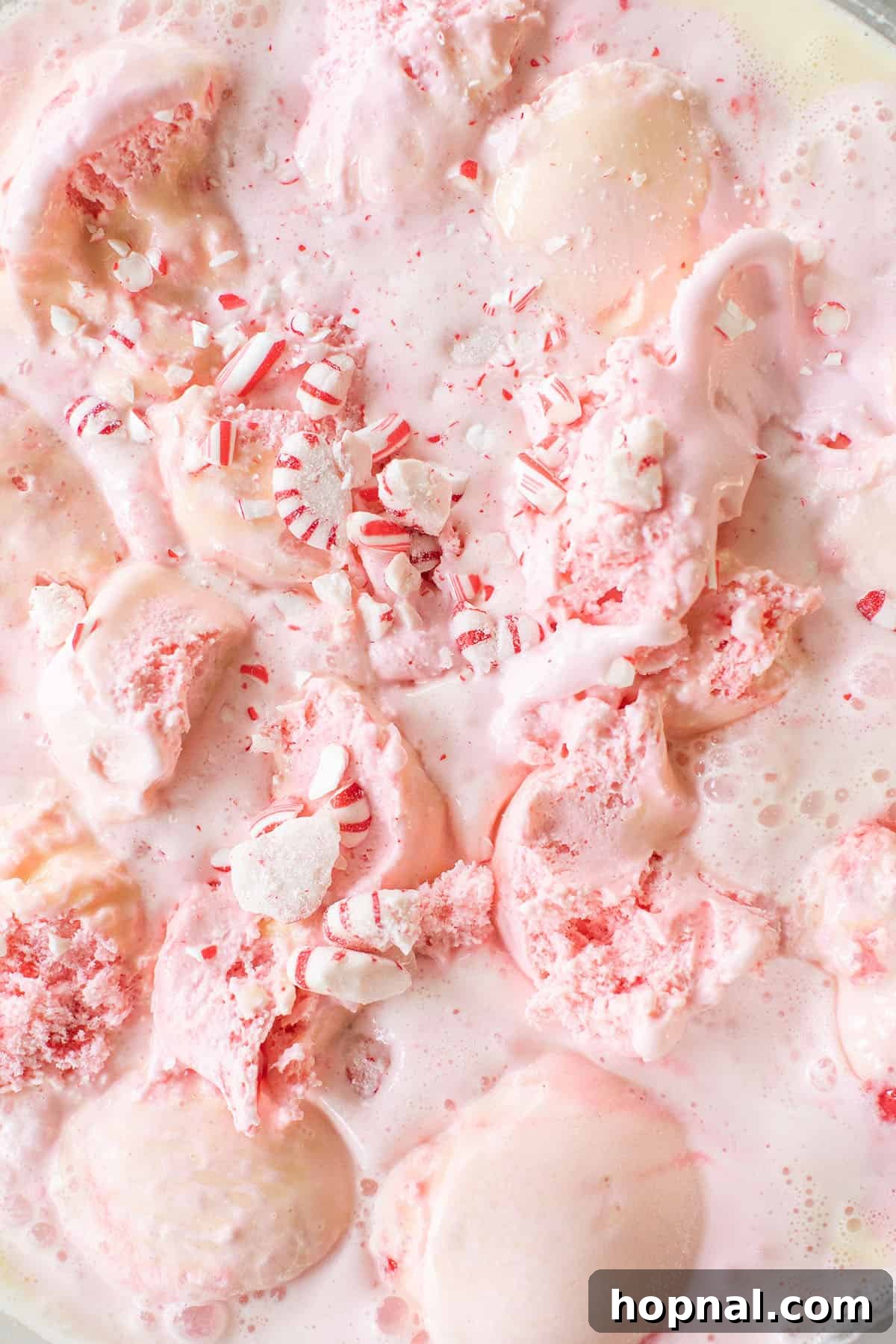Frosted Peppermint Punch 5 Candy cane ice cream punch with ice cream scoops floating in a punch bowl.
