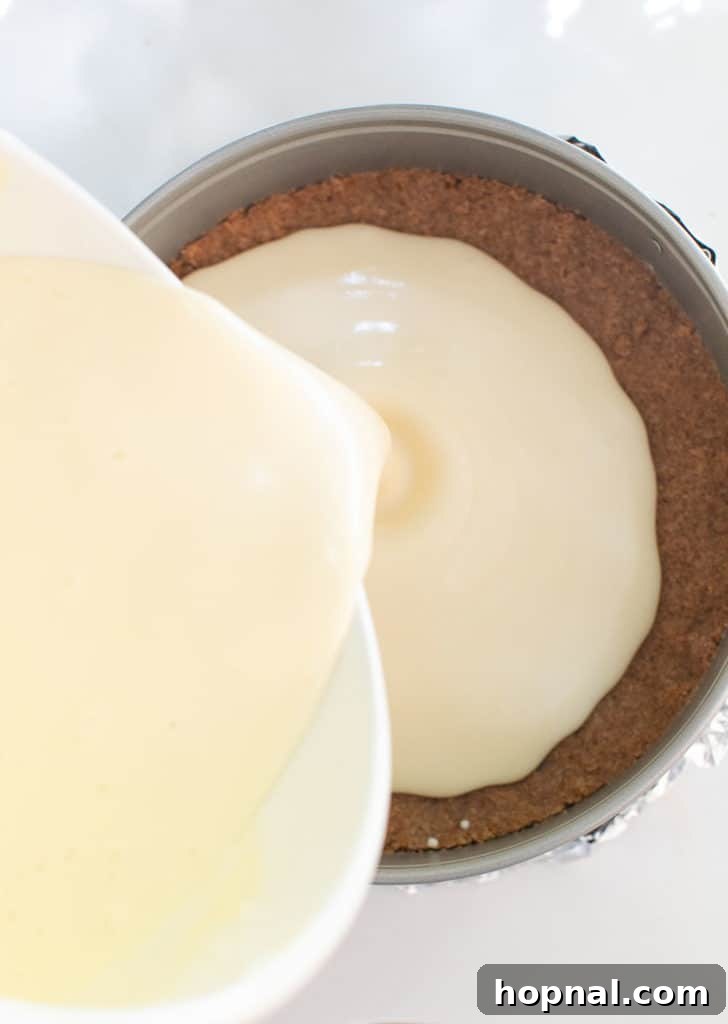 Irresistible Homemade Cheesecake 7 Thick, creamy cheesecake batter is being carefully poured over the prepared graham cracker crust in a springform pan.