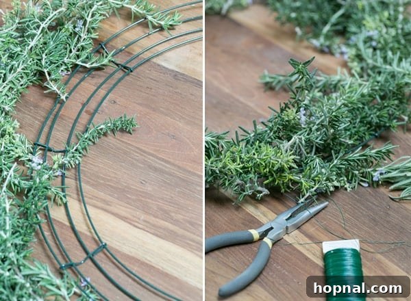 A collage showing the wreath-making process: close-up of needle-nose pliers, fresh rosemary sprigs, and rosemary being carefully placed and wired onto a metal frame.