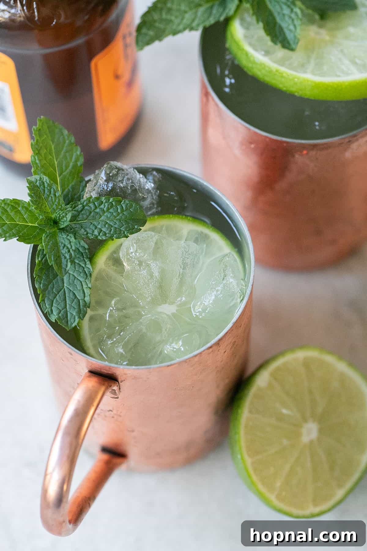 Classic Moscow Mule cocktail in a copper mug.