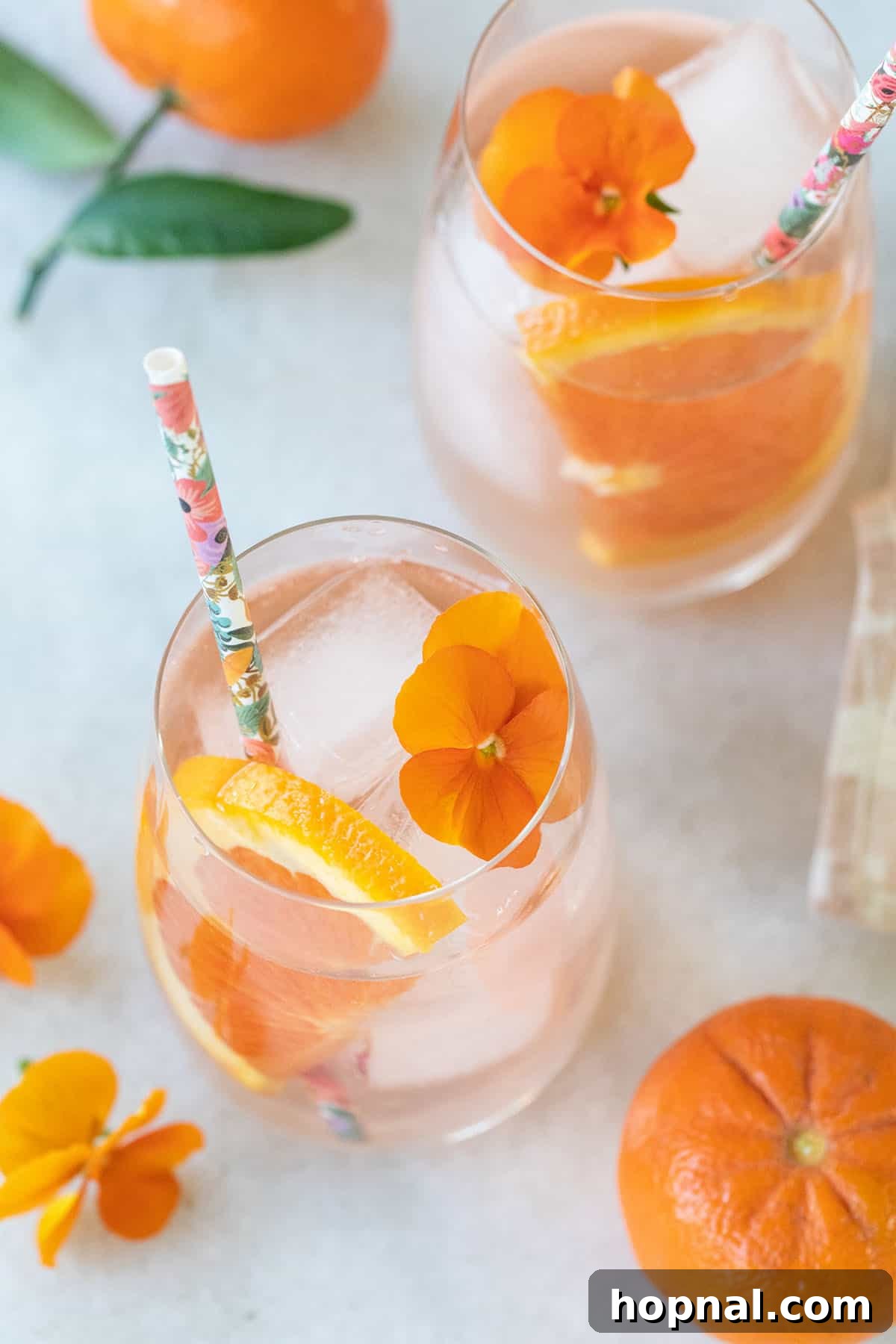 Light pink Rosé Spritz cocktail with orange slice and edible flower.