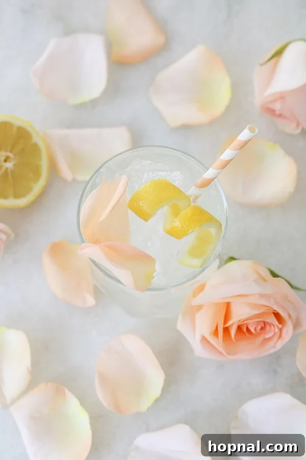 Rose water gin summer cocktail with lemon slice.