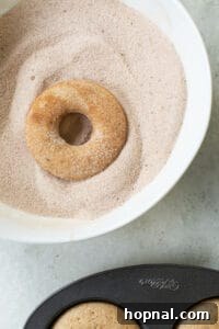 Dipping a baked donut into a bowl of cinnamon and sugar mixture for coating.