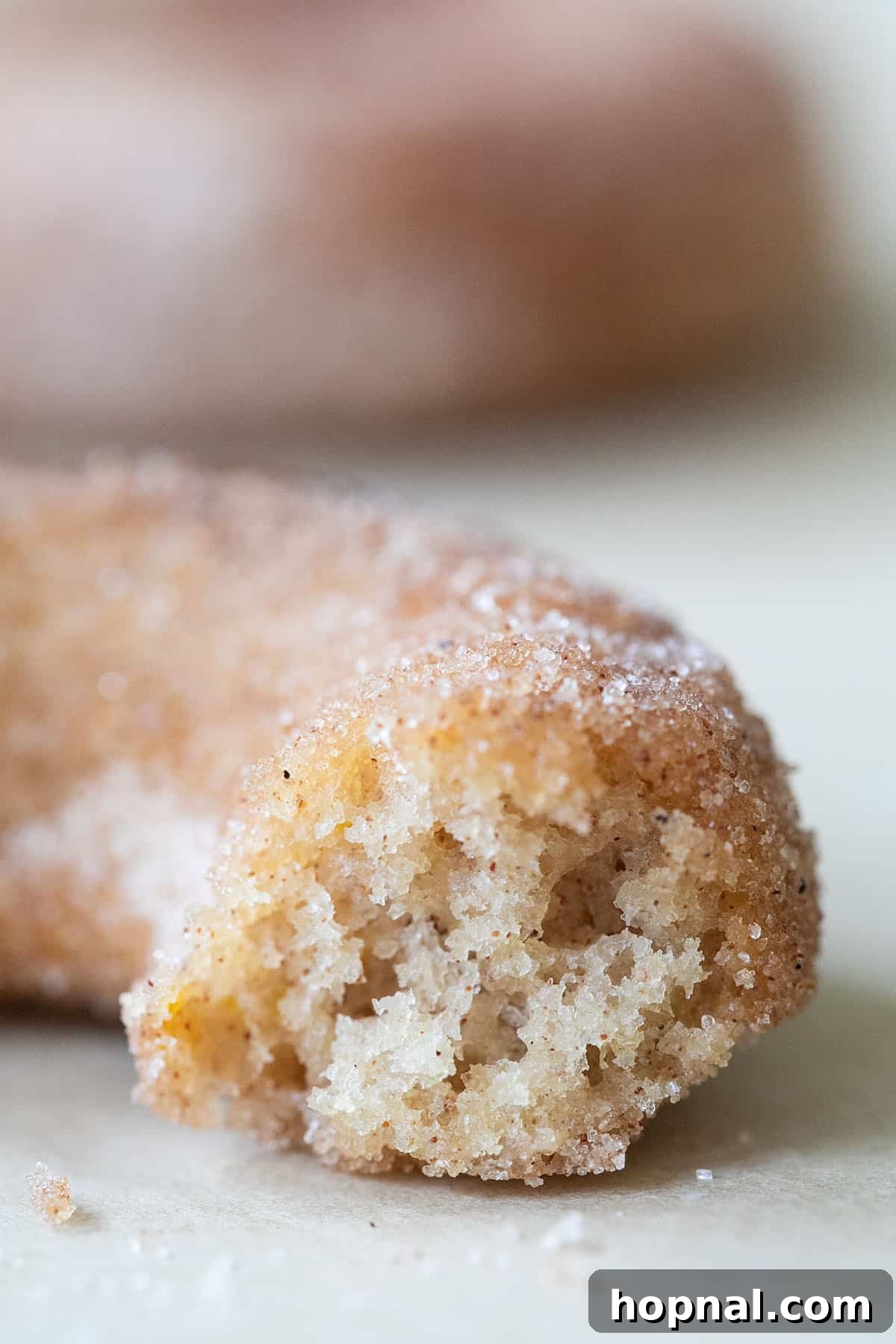 A baked apple cider donut with a bite taken out, revealing its moist, fluffy interior and cinnamon sugar coating.