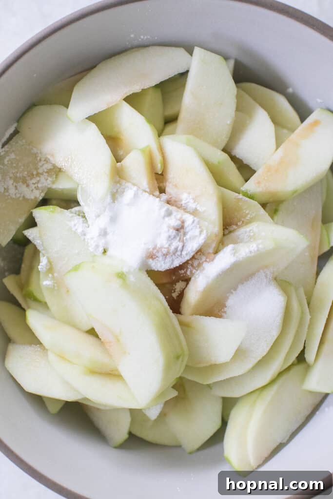 Freshly sliced apples combined with cornstarch, sugar, lemon juice, and vanilla extract in a mixing bowl for the apple crisp filling.