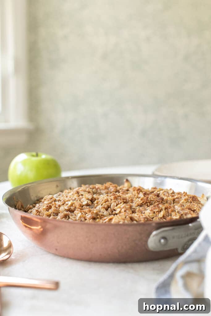 A freshly baked homemade apple crisp in a cast-iron skillet, featuring a golden-brown and crispy oat topping.