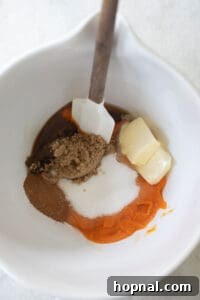 sugar, butter, sweet potatoes in a mixing bowl