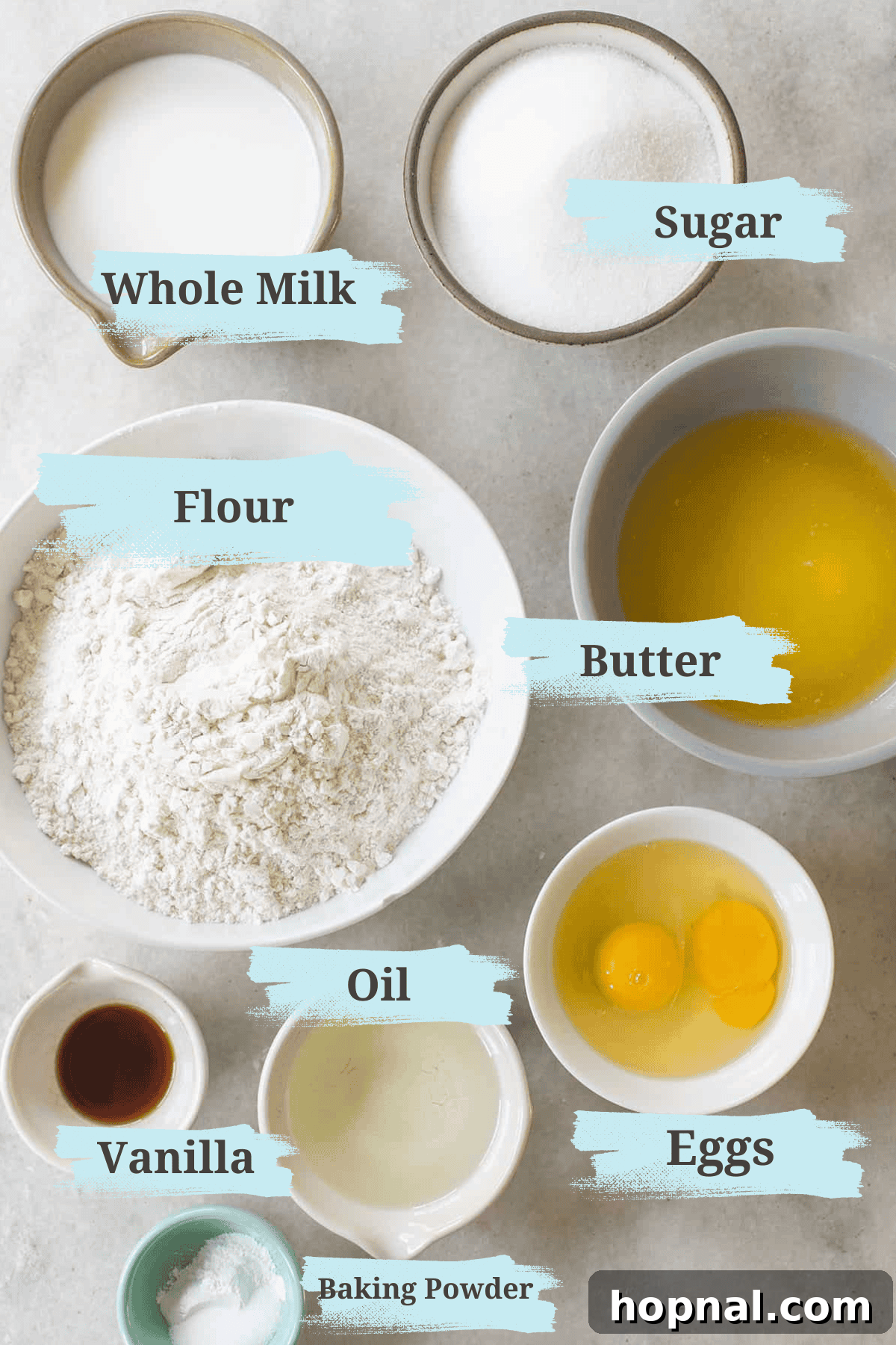Bowls of whole milk, sugar, flour, butter, eggs, oil, vanilla, and baking powder, laid out to make a delicious crumb cake.