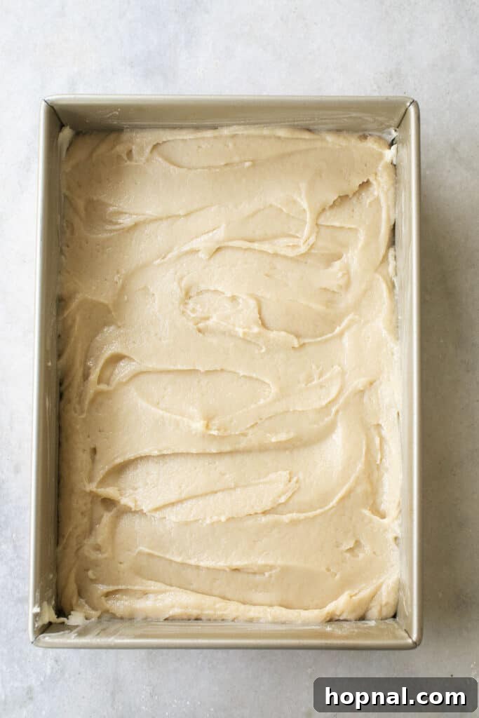 Crumb cake batter spread evenly in a sheet pan, ready for the topping.