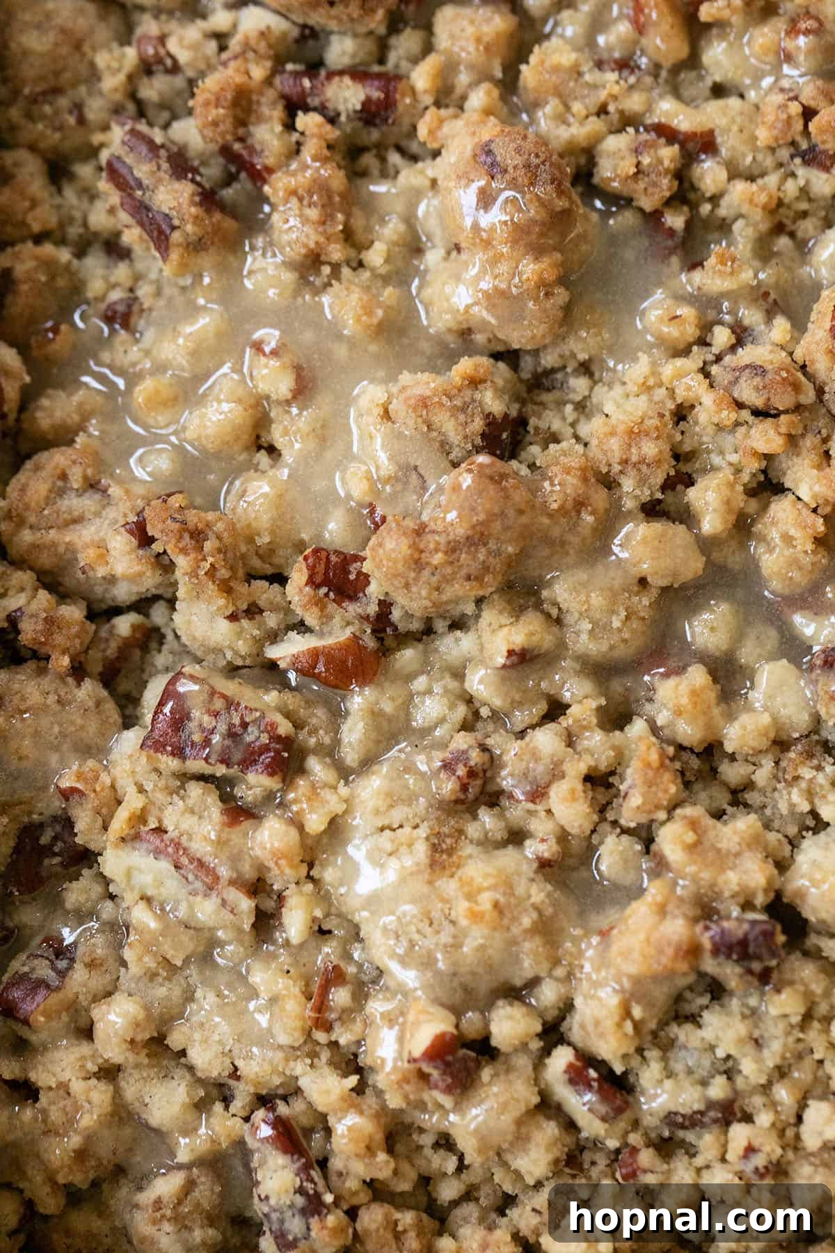 Close-up of a rich crumb cake topping with visible pecans and melted butter, ready for baking.