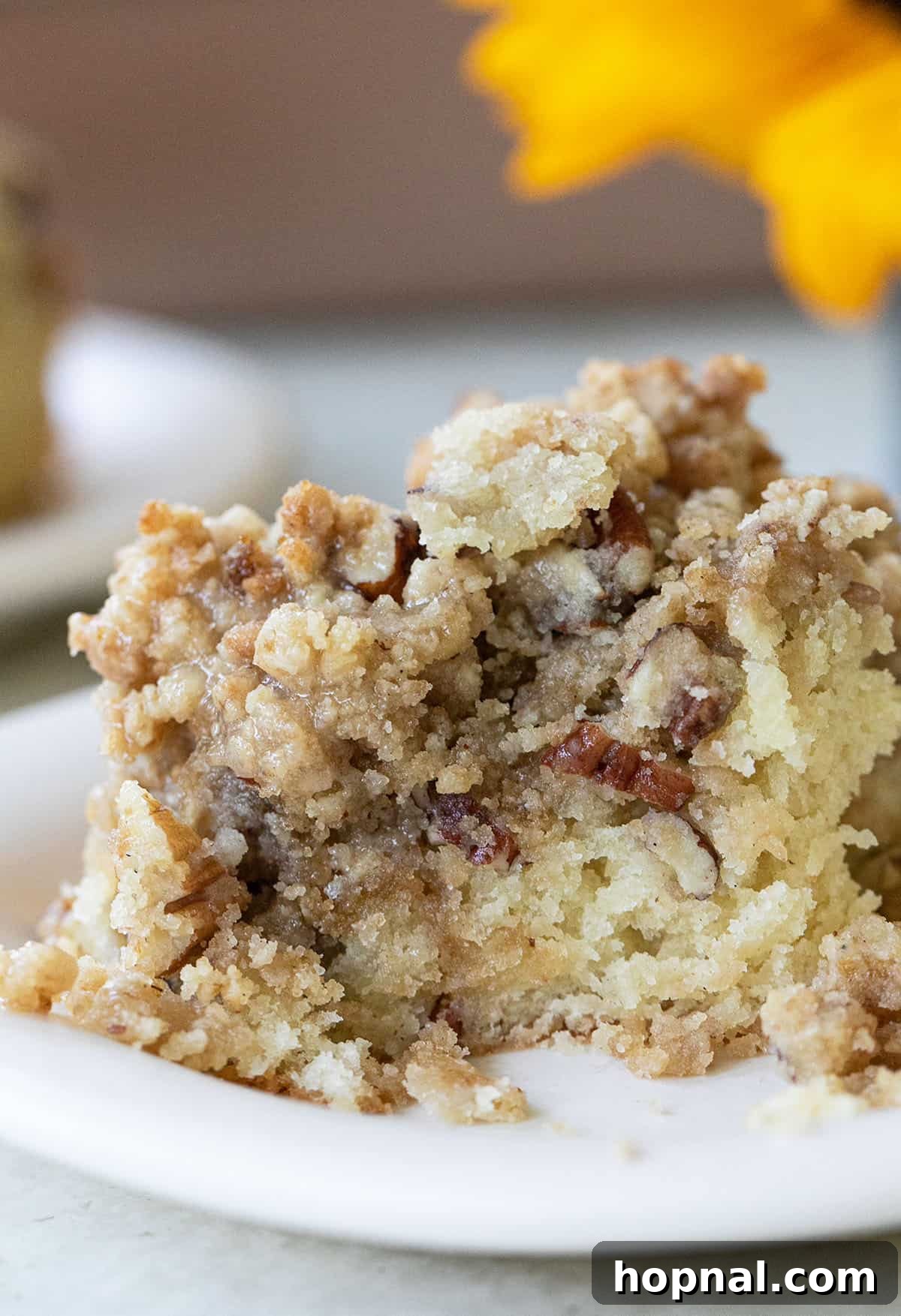A super moist crumb cake recipe with a generous crumble over the top, sliced and ready to be enjoyed.