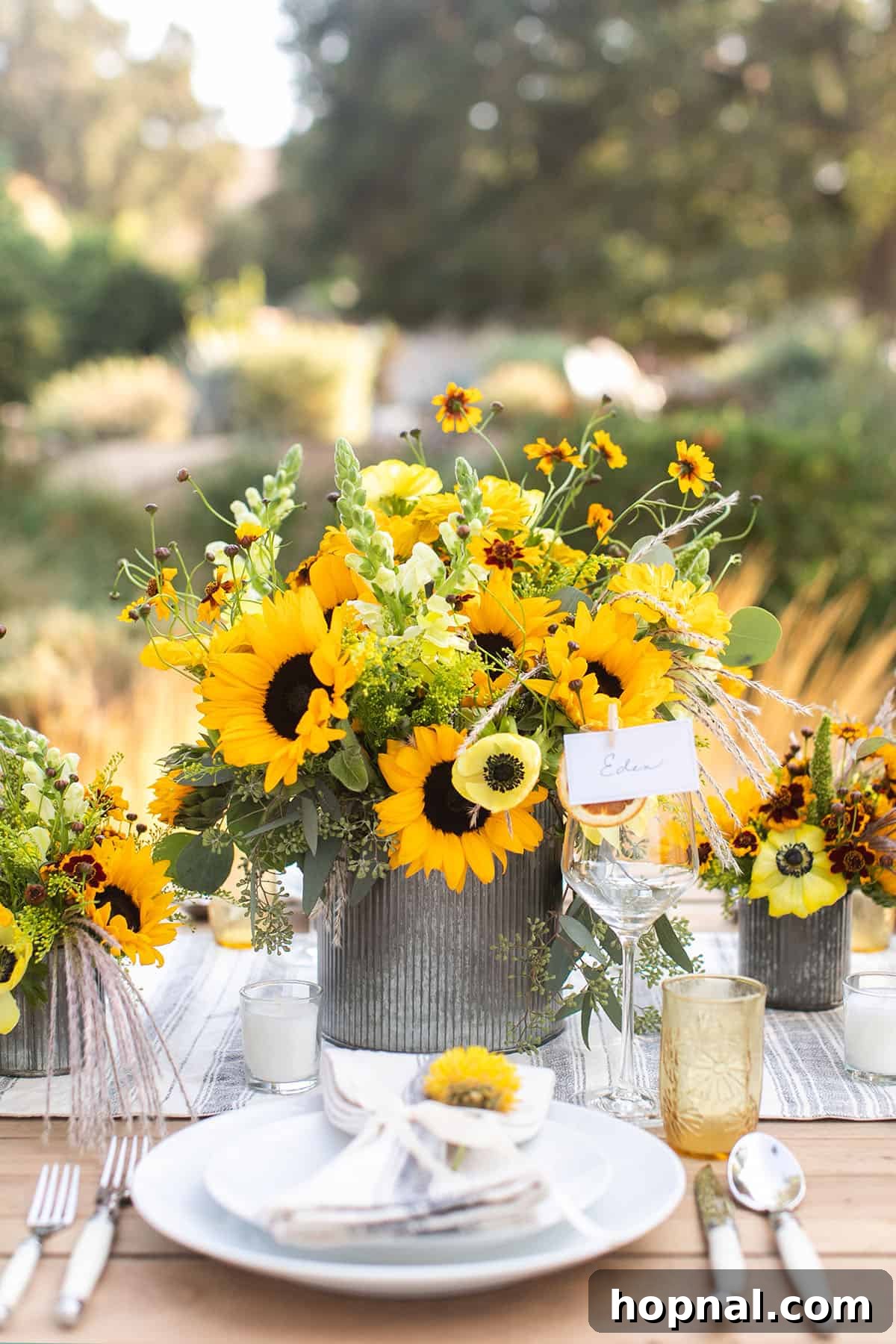 Harvest party with sunflowers and elegant table setting in autumn