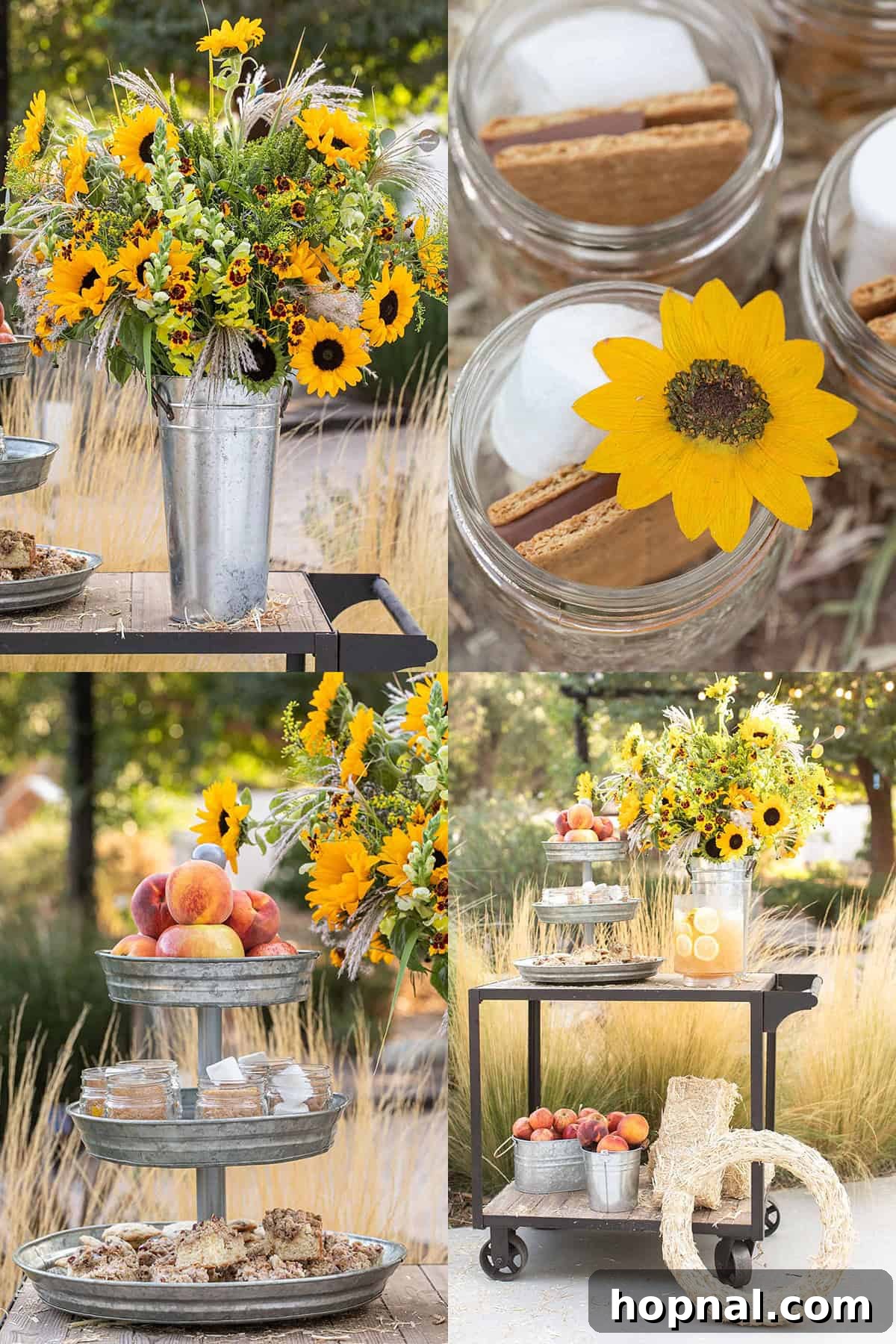 Rustic harvest party decor with pumpkins and flowers for an autumn gathering