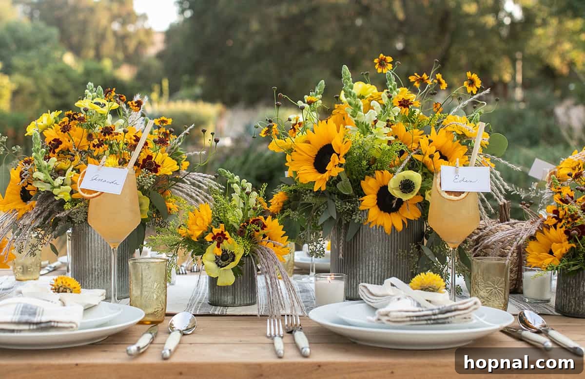 Elegant harvest table setting with sunflowers and autumn colors for a fall party