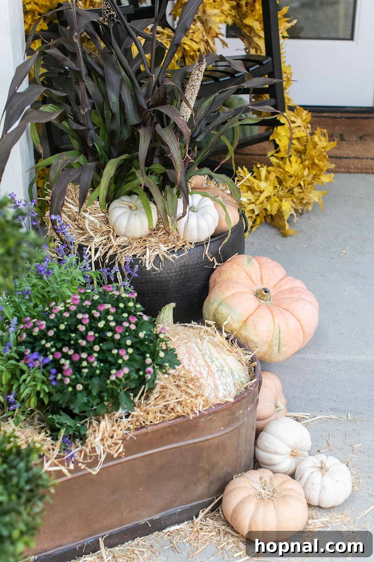 Fall flowers and pumpkins in copper pots. An array of vibrant fall flowers and diverse pumpkins elegantly arranged in gleaming copper pots, creating a warm and inviting autumn display.