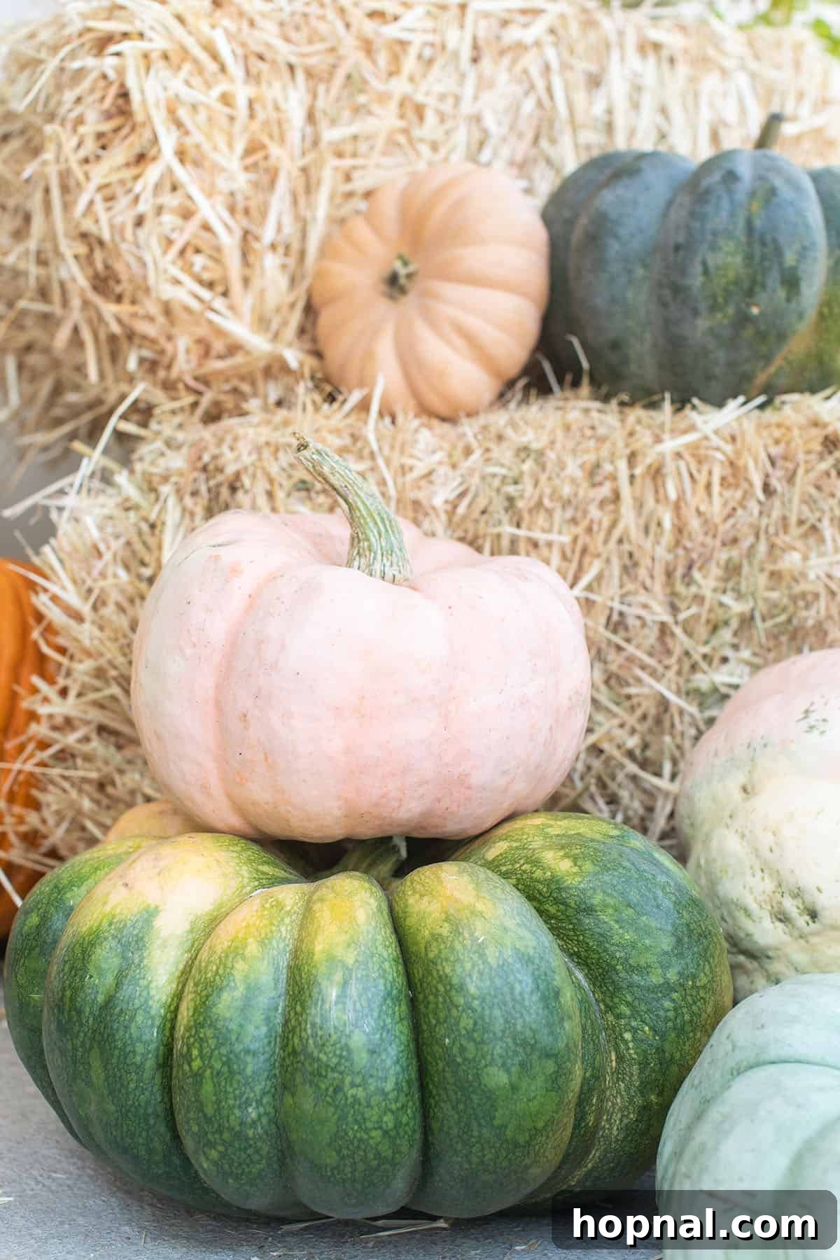 All different types of pumpkins stacked on a fall porch. A vibrant collection of various types of pumpkins, artfully stacked and arranged, creating a captivating autumn display on a welcoming fall porch.