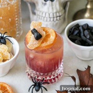 A vibrant Witches Brew cocktail garnished with a dried orange slice.