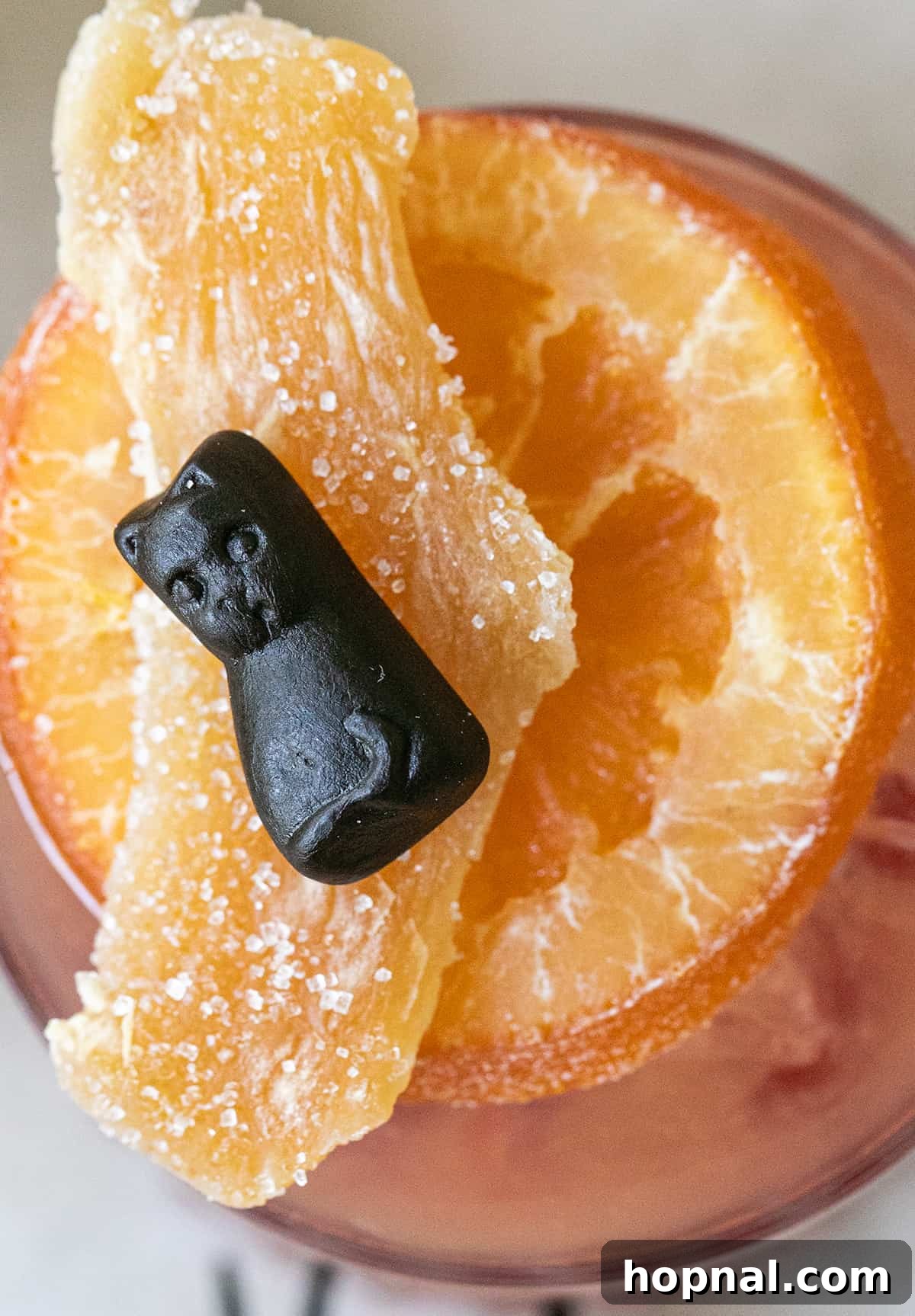 A close-up shot of an orange cocktail garnished with a dried orange slice and candied ginger, showcasing vibrant hues.