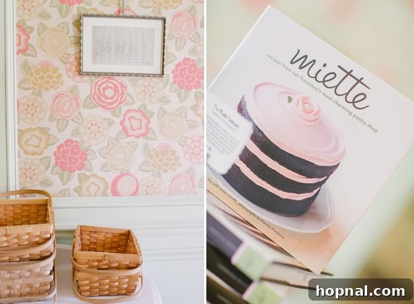 Interior view of Miette in San Francisco, showing beautifully arranged candy baskets and floral wallpaper details.