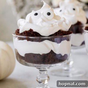 A top-down view of a beautifully assembled mini ghost chocolate trifle with white whipped cream and charming candy eyes, presented against a dark, contrasting background