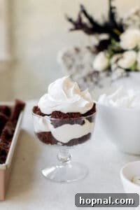 Alternating layers of chocolate cake and whipped cream in a trifle dish
