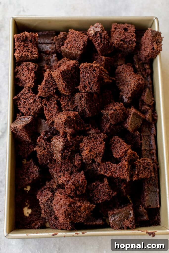 Close-up of a cooled chocolate sheet cake precisely sliced into even squares, ready for layering in the Halloween trifle dessert
