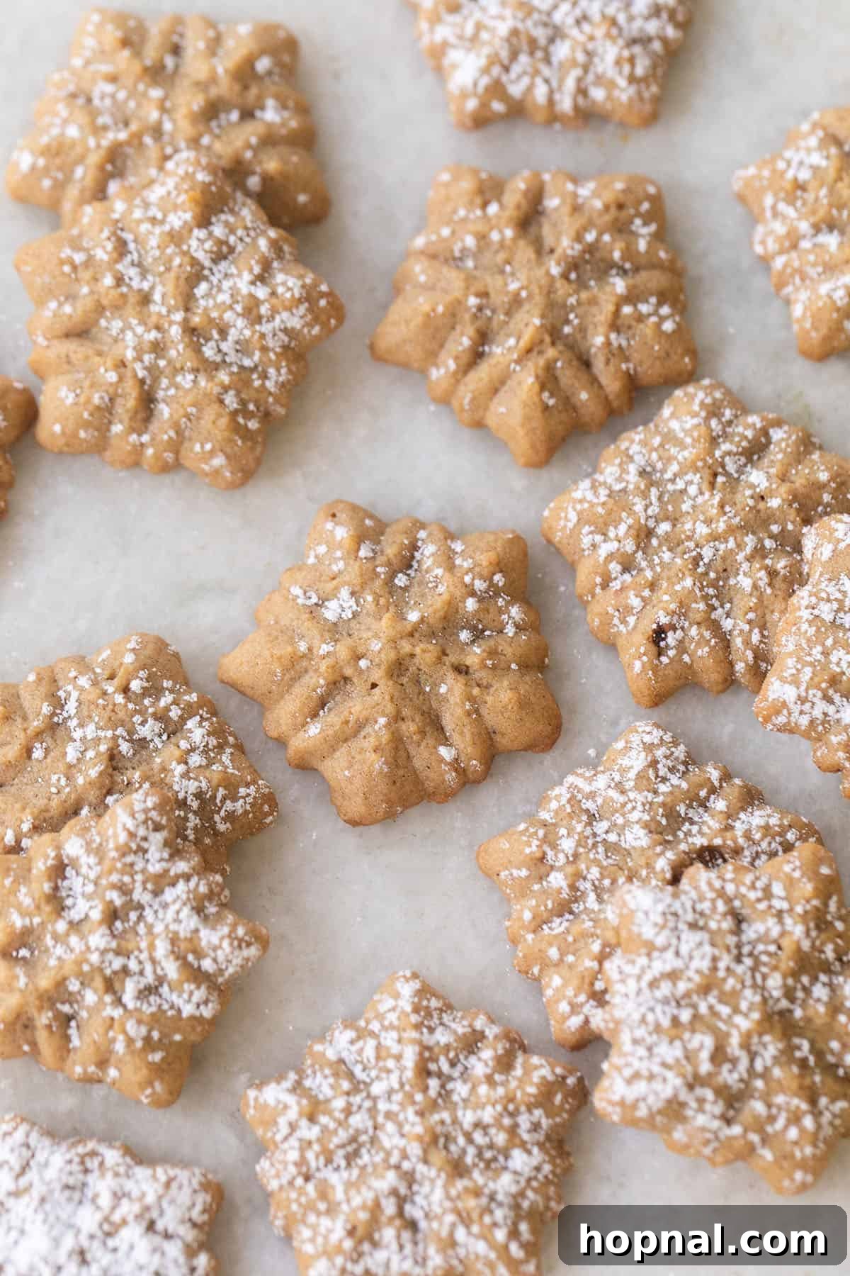 Melt-in-Your-Mouth Spritz Cookies 9 Spritz snowflake cookies with powdered sugar dusted over the top.