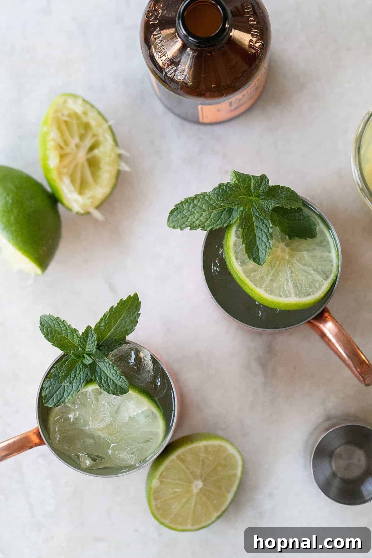 Classic Moscow Mule cocktail with lime and mint in a copper mug