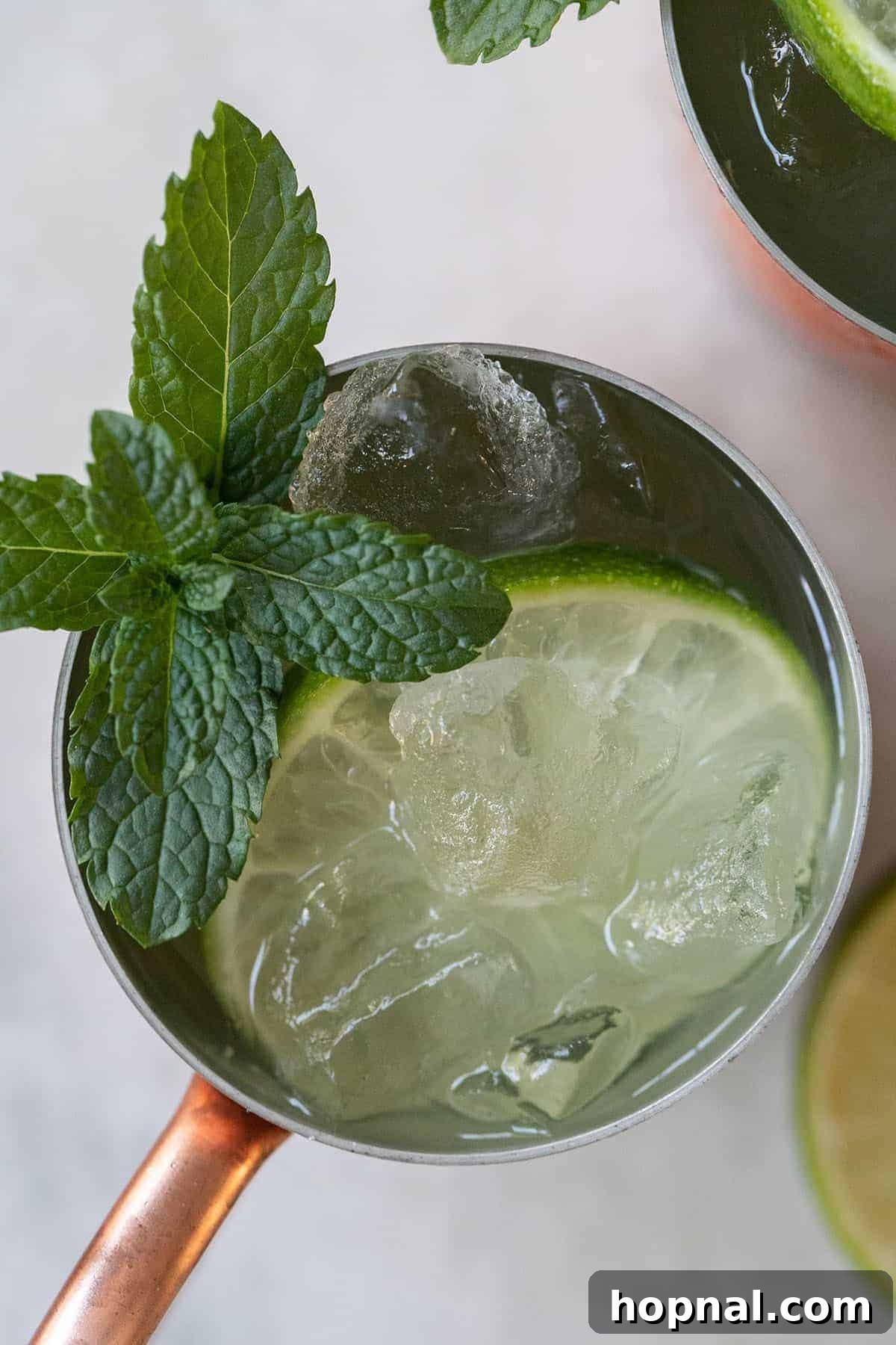 A Gin Mule served in a traditional copper mug, garnished with mint and lime wedges.