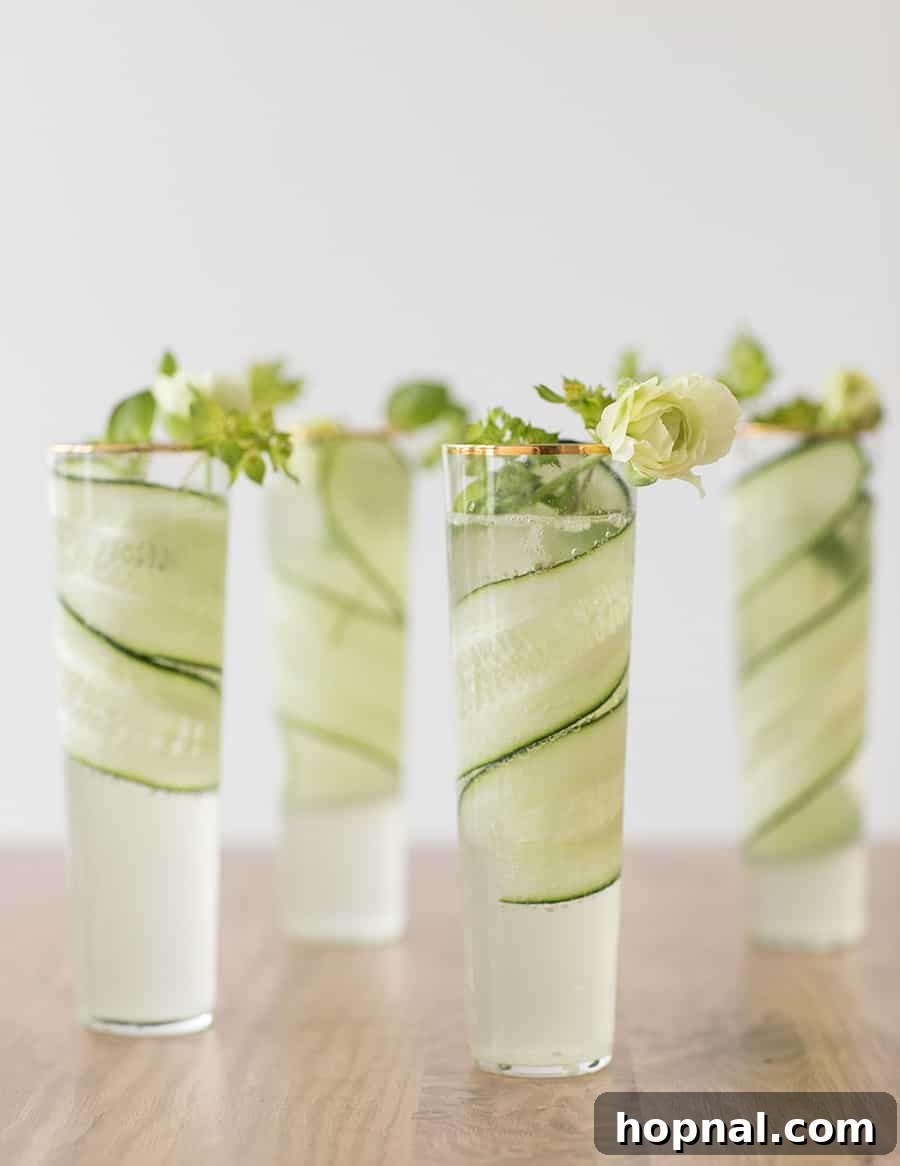 A clear Cucumber Gimlet, garnished with a delicate cucumber ribbon, served in a chilled coupe glass.