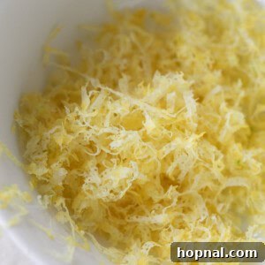 Lemon zest in a bowl, a key ingredient for many recipes.