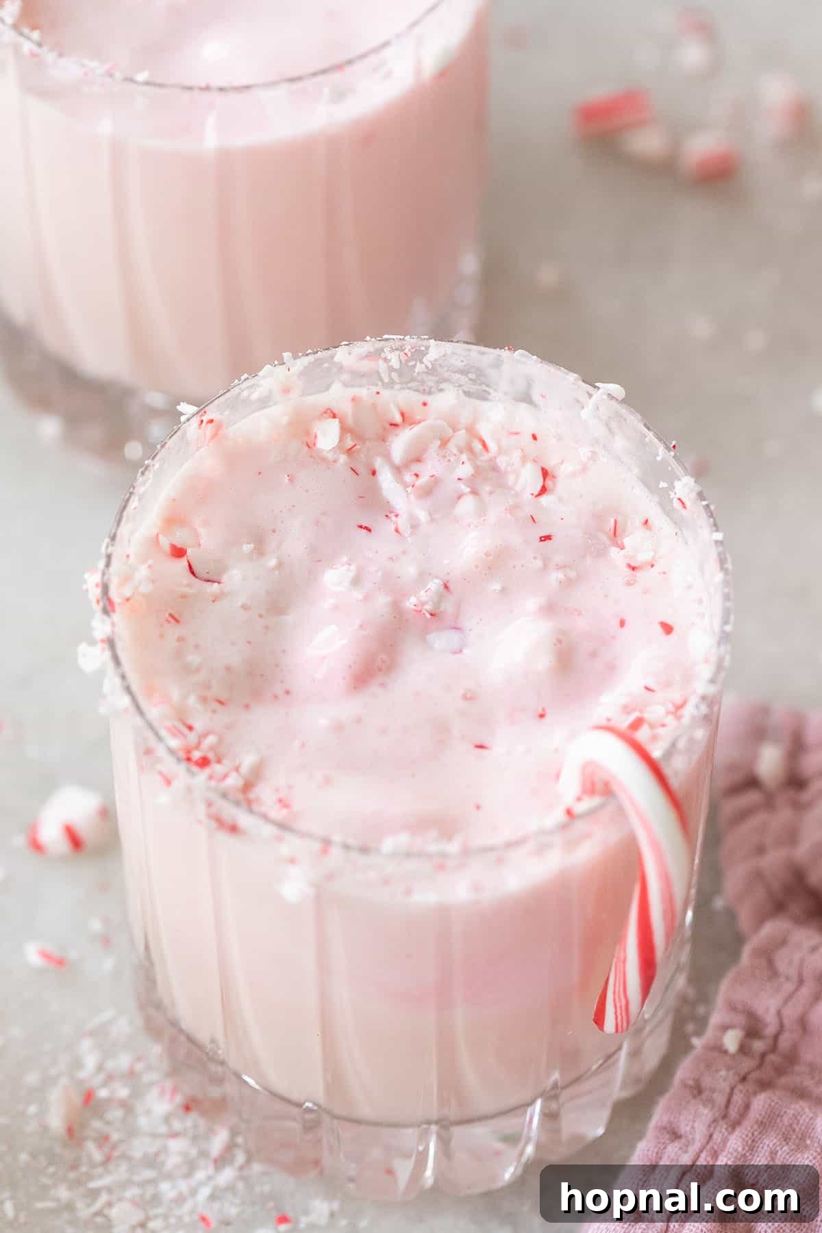 Blush & Sip 22 Peppermint punch recipe with candy cane.