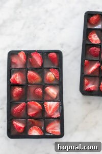 Ice cube tray filled with strawberries and water.