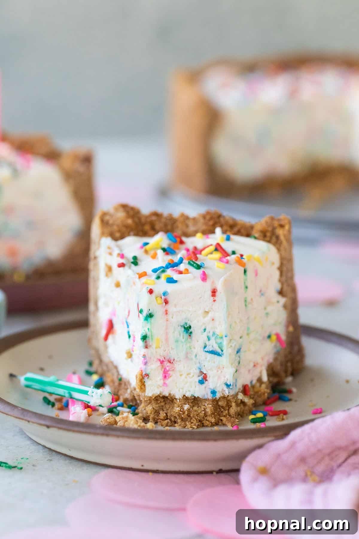 A delicious slice of no-bake birthday cheesecake with a perfectly golden graham cracker crust, ready to be enjoyed.