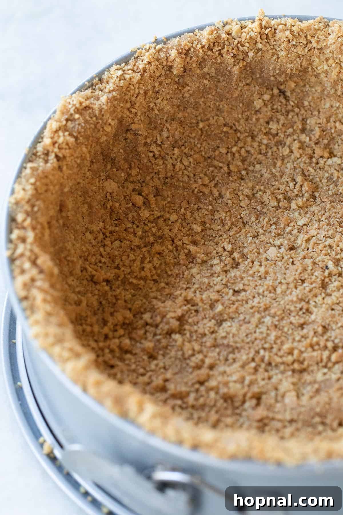 A perfectly formed graham cracker crust pressed evenly into a silver springform pan, showcasing its readiness for a delicious filling.