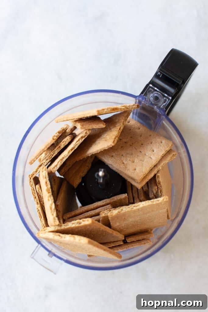 Close-up of graham crackers being pulsed in a food processor to create fine crumbs for a dessert crust.