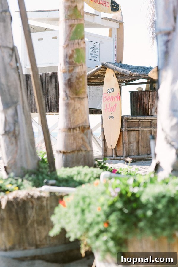Surf board and beach hut