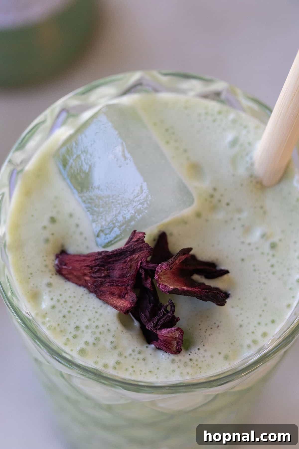 A beautifully composed shot featuring an iced matcha latte, a glass of matcha ice cubes, and delicate dried flowers, highlighting presentation.