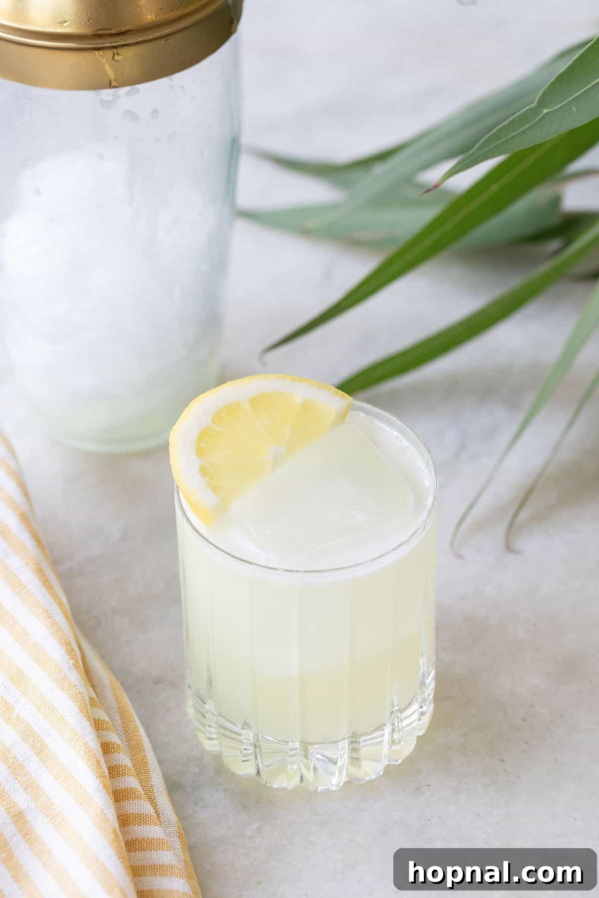 A glistening Vodka Sour cocktail, garnished with a vibrant lemon wedge, ready to be enjoyed.