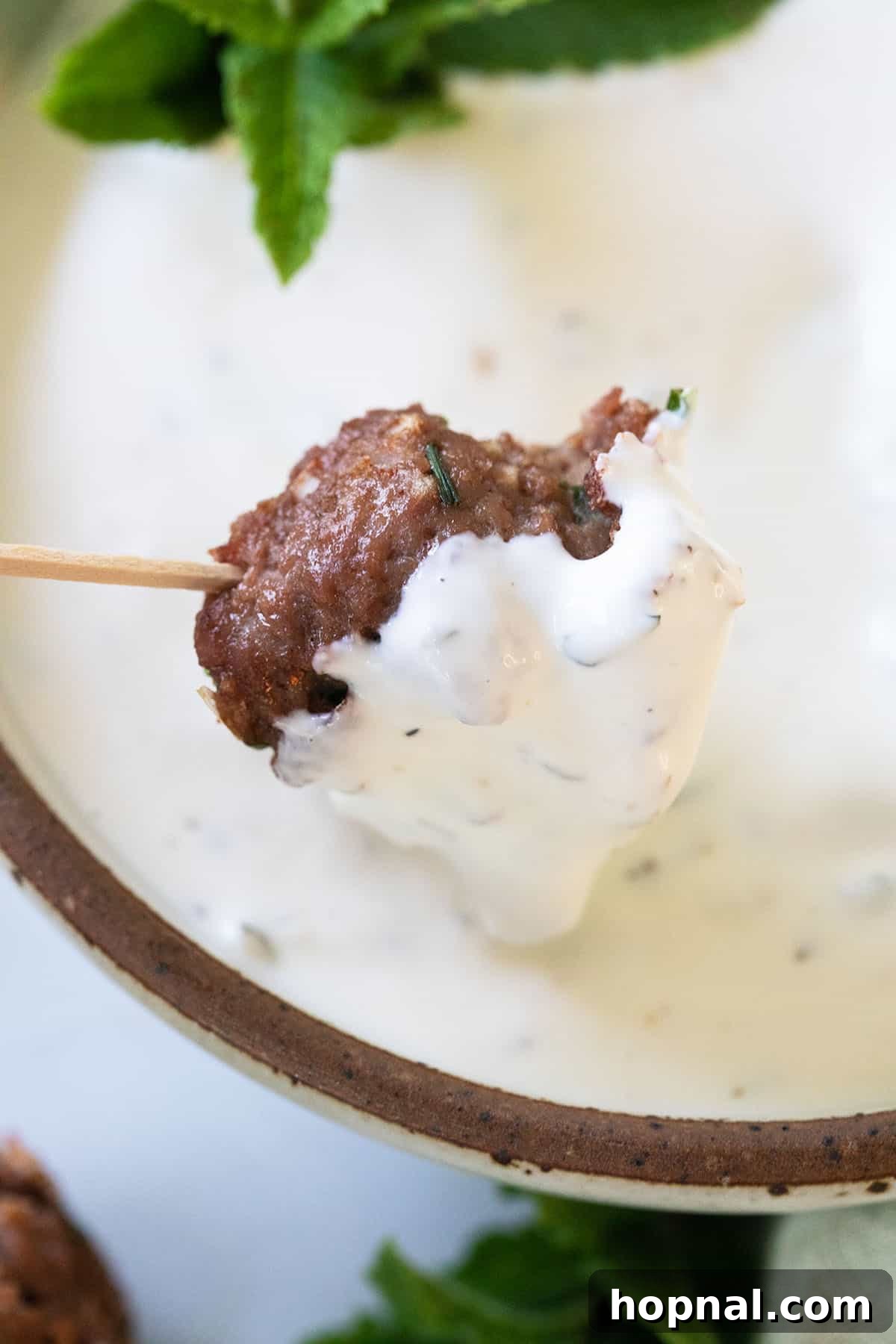 Simple Meatball Bites 9 A cocktail meatball being dipped into a creamy garlic sauce, highlighting the perfect pairing.