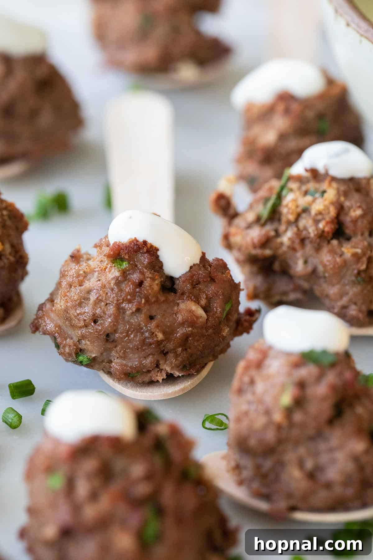 Simple Meatball Bites 10 Mini meatballs served elegantly on small wooden spoons with a dollop of dipping sauce.