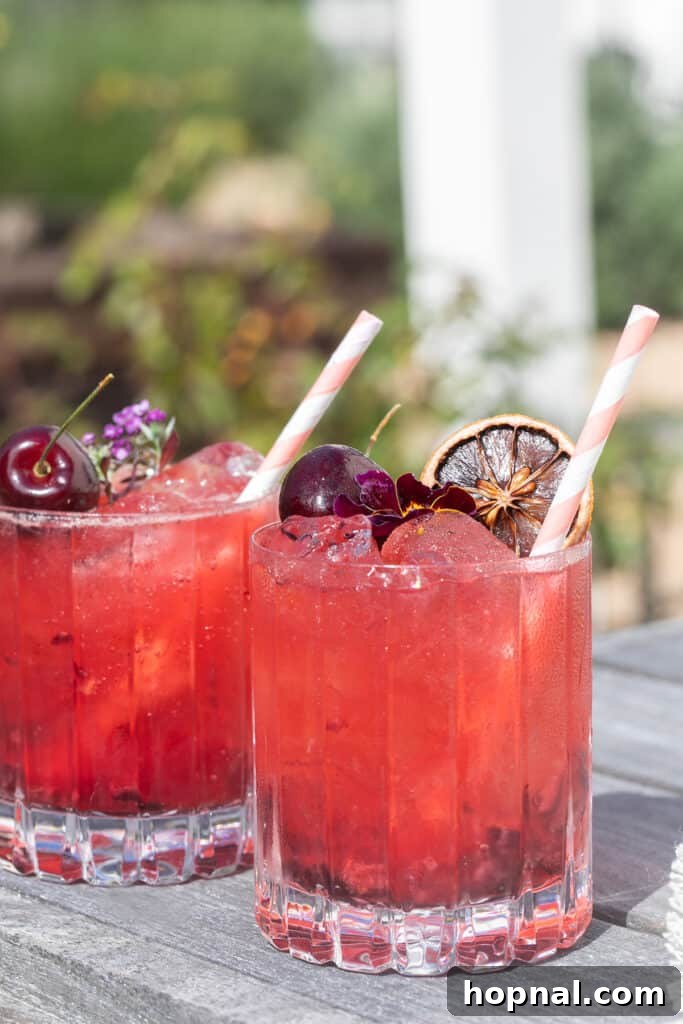 Elegant summer cocktail made with fresh cherries, gin, tonic water, and lemon juice
